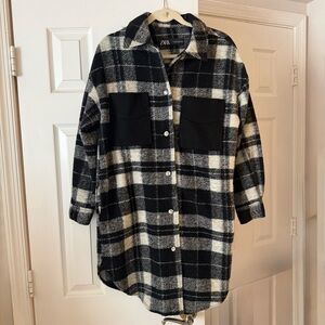 NWOT Zara Black & White Plaid Long Shacket - Wool Blend w/ Faux Gemstone Buttons